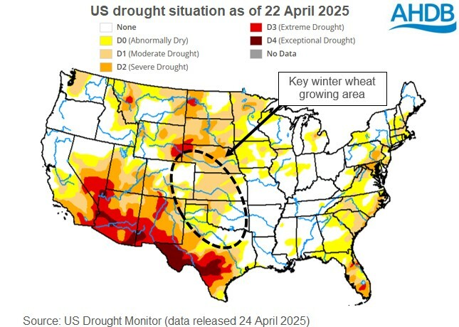 Map showing drought areas in the US as of 22 April 2025